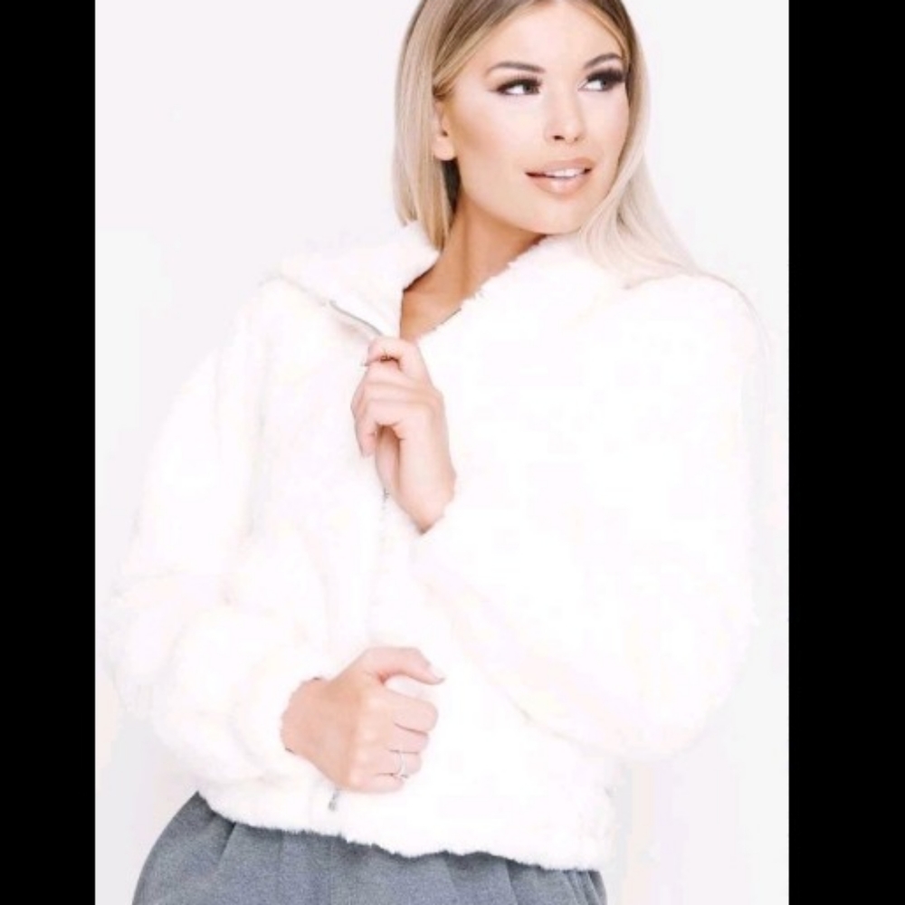 Teddy Bear white furry hoodie Jacket w pockets NEW